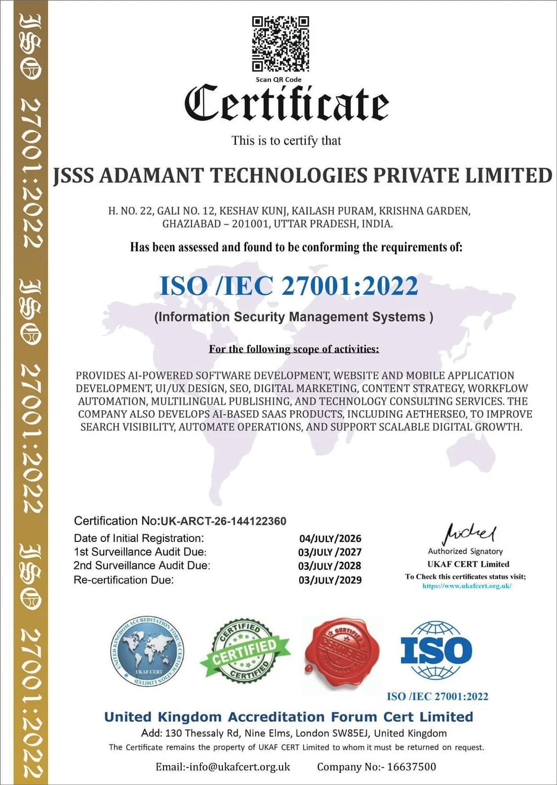 ISO IEC 27001:2022 information security management system certificate for JSSS Adamant Technologies Private Limited